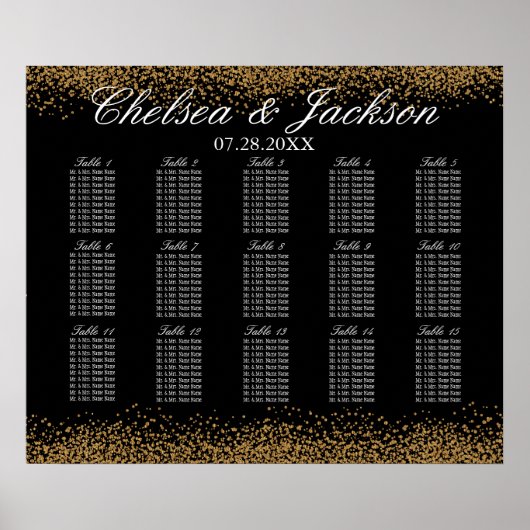 金ゴールド紙吹雪と黒 – 15座席表 ポスター (正面)