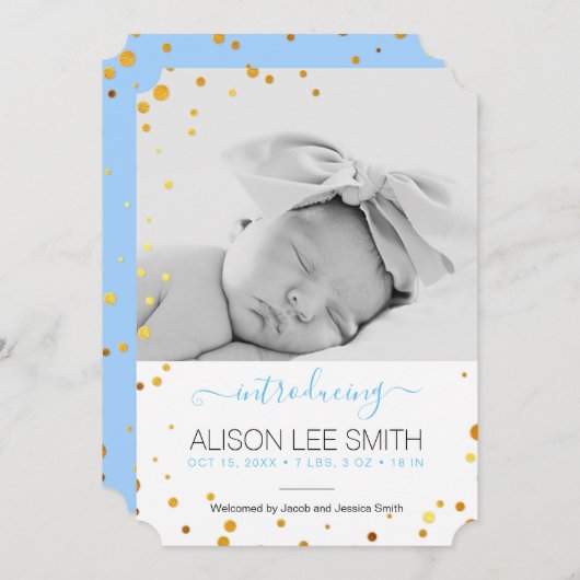 金ゴールド紙吹雪の誕生発表 案内状 (正面/裏面)