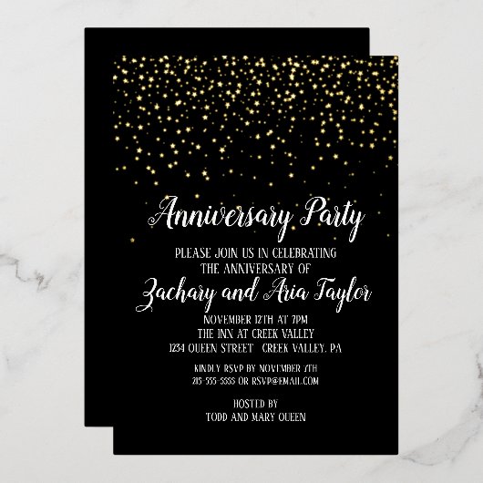 金ゴールド紙吹雪の黒周年記念パーティー金ゴールド 箔招待状 (正面/裏面)