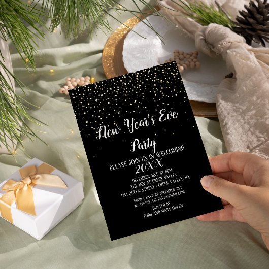 金ゴールド紙吹雪の黒正月大晦日パーティー金ゴールド 箔招待状