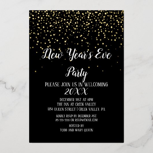 金ゴールド紙吹雪の黒正月大晦日パーティー金ゴールド 箔招待状 (正面)
