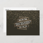 金ゴールド紙吹雪は日付を保存エレガントな誕生日パーティー 案内ポストカード (正面/裏面)