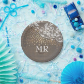 金ゴールド紙吹雪ウッドレース結婚ズモノグラム ペーパープレート (パーティー)