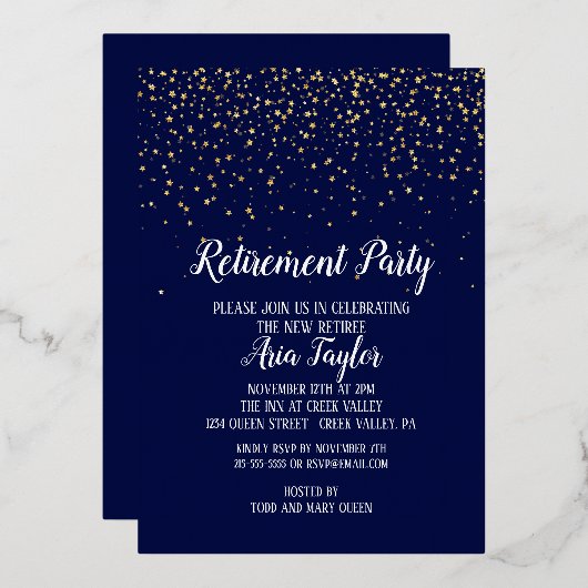 金ゴールド紙吹雪オンネイビーブルー退職パーティー金ゴールド 箔招待状 (正面/裏面)