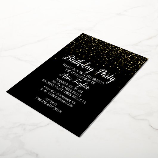 金ゴールド紙吹雪オン黒い誕生日パーティー金ゴールド 箔招待状 (回転した状態)