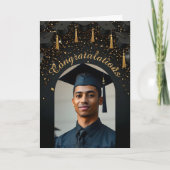 金ゴールド紙吹雪オン黒の卒業キャップ写真アーチ カード (正面)