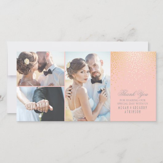 金ゴールド紙吹雪グラマー結婚ピンク サンキューカード (正面)