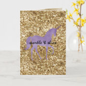 金ゴールド紙吹雪グリッターパープルユニコーン カード (黄色い花)