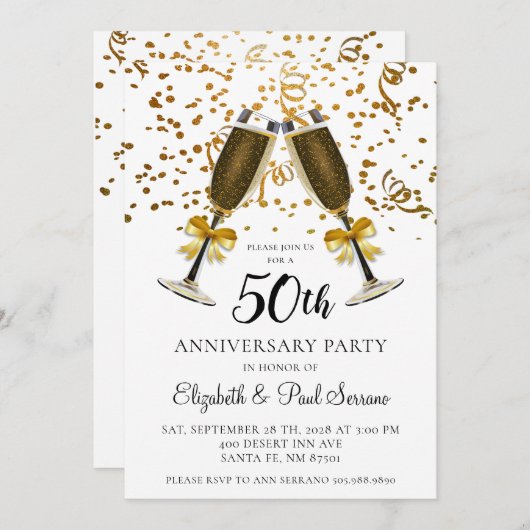 金ゴールド紙吹雪シャンパングラス50周年記念 招待状 (正面/裏面)