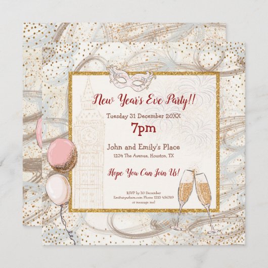 金ゴールド紙吹雪シャンパングラムニューイヤーパーティー 招待状 (正面/裏面)