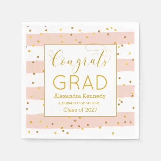 金ゴールド紙吹雪ストライプピンク卒業用紙ナプキン スタンダードカクテルナプキン (正面)