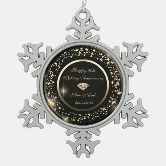 金ゴールド紙吹雪ダイヤモンド結婚50周年記念 スノーフレークピューターオーナメント (正面)