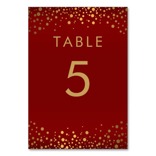 金ゴールド紙吹雪ドットとマルーンレッド – テーブル番号 (正面)