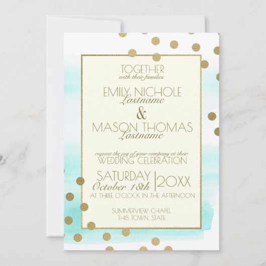 金ゴールド紙吹雪ドットと水結婚色 招待状 (正面)
