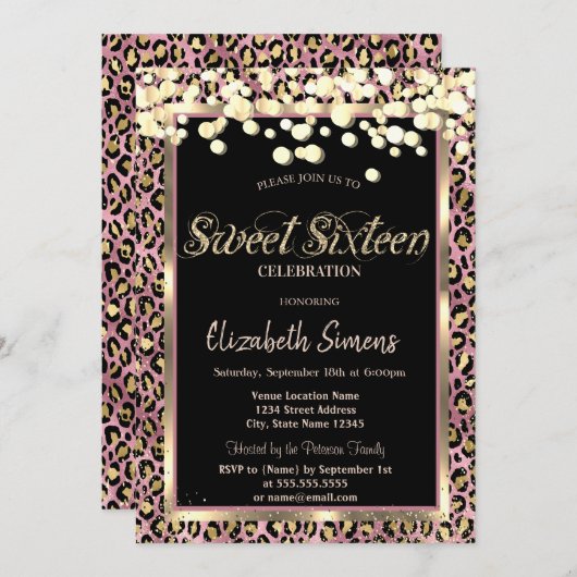 金ゴールド紙吹雪ドットヒョウ印刷スウィート16 招待状 (正面/裏面)