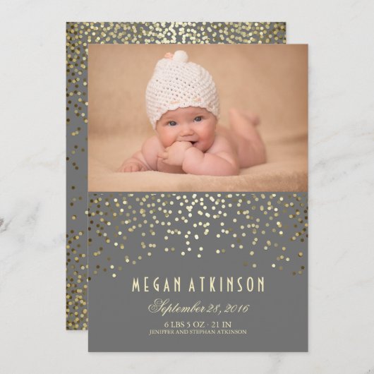 金ゴールド紙吹雪ドット生まれたばかりのベビーフォト誕生 案内状 (正面/裏面)