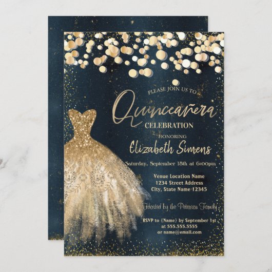 金ゴールド紙吹雪ドット、ドレスダークブルークインチェニェラ 招待状 (正面/裏面)
