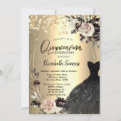 金ゴールド紙吹雪ドット、バラ、フレームブラックドレス 招待状 (正面)