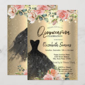 金ゴールド紙吹雪ドット、ブラックドレスバラクインセアニラ 招待状 (正面/裏面)