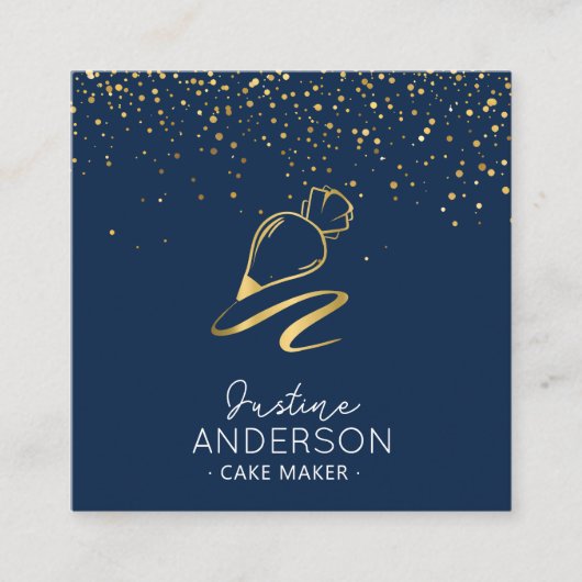 金ゴールド紙吹雪ネイビーアイシングバッグシェフ スクエア名刺 (正面)