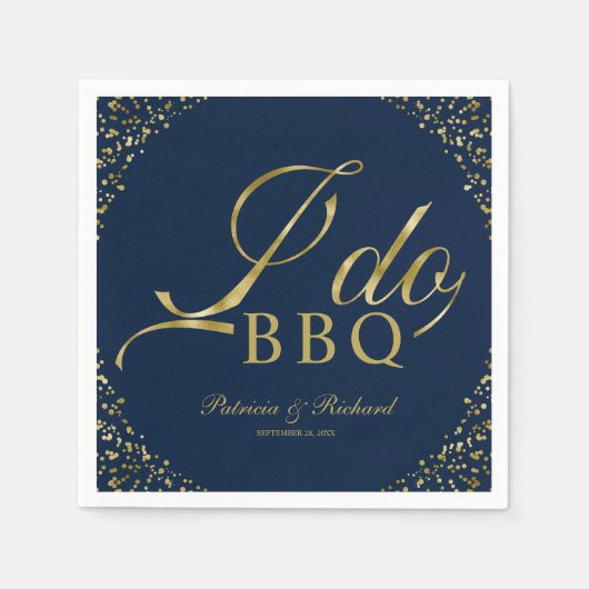 金ゴールド紙吹雪ネイビーブルーI do BBQ婚約パーティ スタンダードカクテルナプキン (正面)
