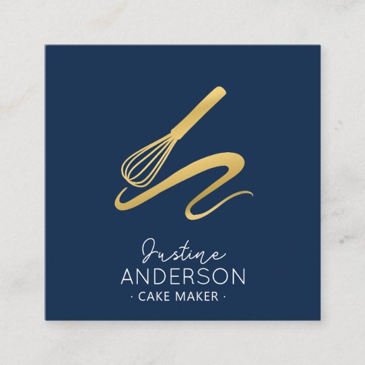 金ゴールド紙吹雪ネイビーベーキングウィスクシェフ スクエア名刺 (正面)