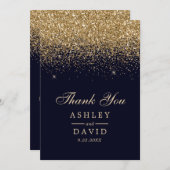 金ゴールド紙吹雪ネイビーモダンル結婚ズ サンキューカード (正面/裏面)
