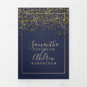 金ゴールド紙吹雪ネイビー青タイポグラフィ写真結婚の 三つ折り招待状 (カバー)