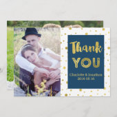 金ゴールド紙吹雪ネイビ結婚ーの感謝のフォトカード サンキューカード (正面/裏面)