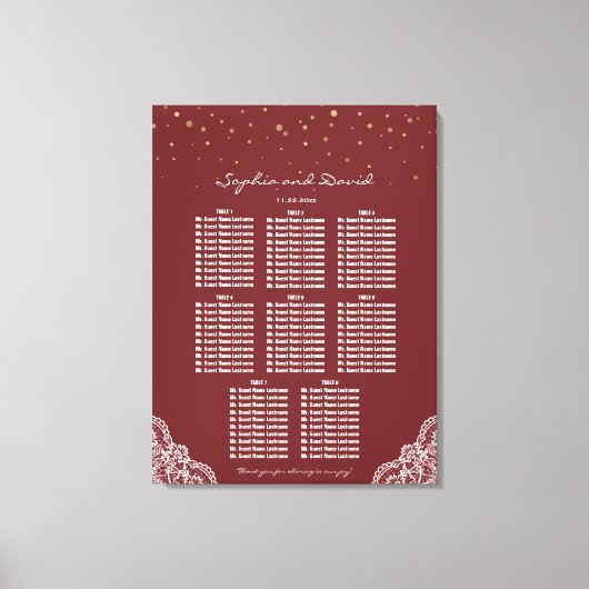 金ゴールド紙吹雪バーグンディ結婚レースのシーティングチャート キャンバスプリント (正面)