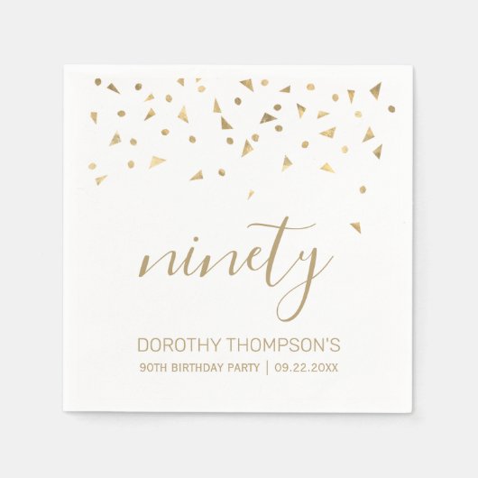 金ゴールド紙吹雪パーソナライズされた90th誕生日パーティー スタンダードカクテルナプキン (正面)