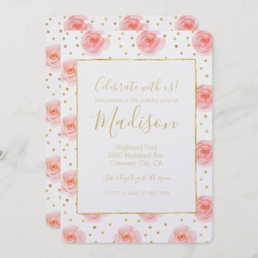 金ゴールド紙吹雪ピンクウォーターカラーバラ誕生日 招待状 (正面/裏面)