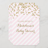 金ゴールド紙吹雪ピンクストライプベビーシャワー招待状 招待状 (正面/裏面)