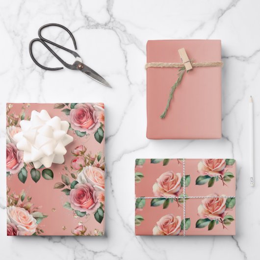 金ゴールド紙吹雪ピンクローズフローラブライダルシャワー ラッピングペーパーシート (正面)