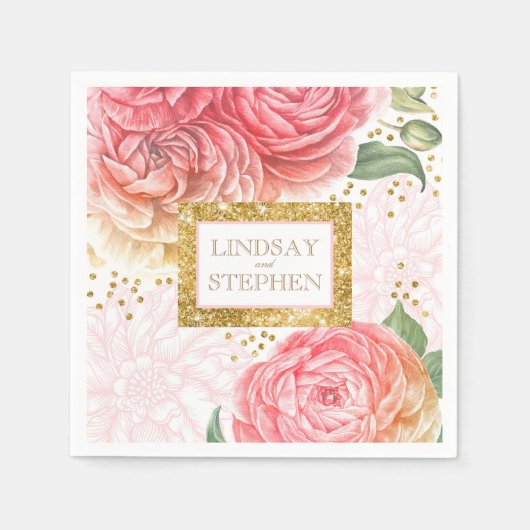 金ゴールド紙吹雪ピンクヴィンテージ結婚フローラ スタンダードカクテルナプキン (正面)