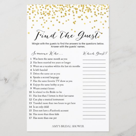 金ゴールド紙吹雪ブライダルシャワーゲーム – ゲストを検索 (正面)