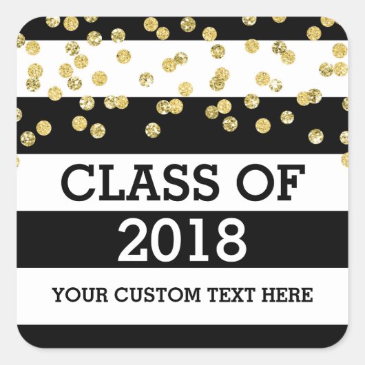 金ゴールド紙吹雪ブラックストライプ2018卒業 スクエアシール (正面)
