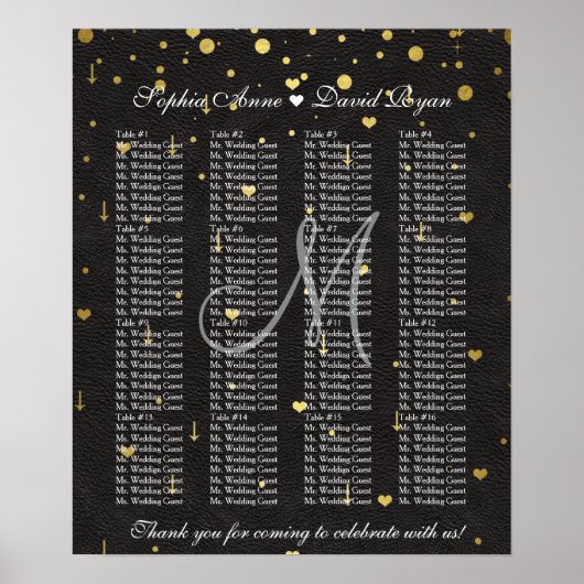 金ゴールド紙吹雪ブラックレザー結婚のシーティングチャート ポスター (正面)