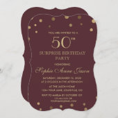 金ゴールド紙吹雪ブルゴーニュ第50回サープライズ誕生日 招待状 (正面/裏面)