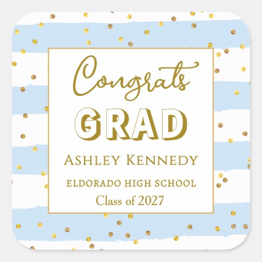 金ゴールド紙吹雪ブルーストライプズ卒業広場 スクエアシール (正面)