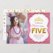 金ゴールド紙吹雪プリンセス5番目の誕生日招待状 招待状 (正面/裏面)