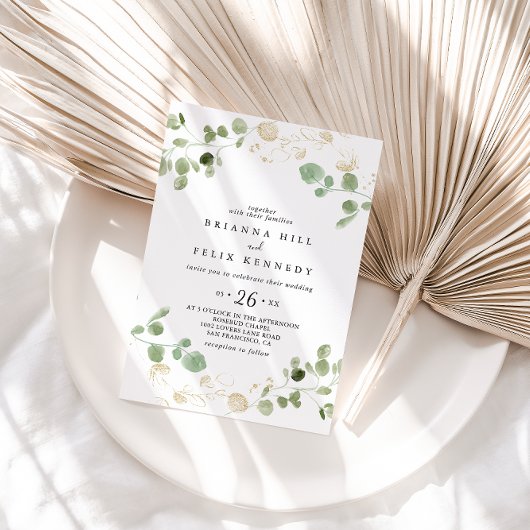 金ゴールド紙吹雪ユーカリカジュアル結婚葉 招待状