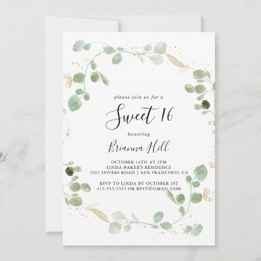 金ゴールド紙吹雪ユーカリプトゥススウィート16バースデーパーティー 招待状 (正面)