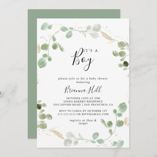 金ゴールド紙吹雪ユーカリ男の子の赤ちゃんシャワー 招待状 (正面/裏面)