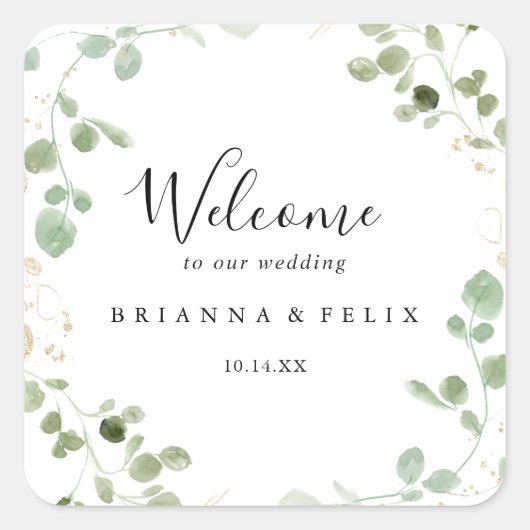 金ゴールド紙吹雪ユーカリ結婚の葉の歓迎 スクエアシール (正面)