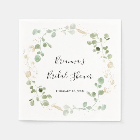 金ゴールド紙吹雪ユーカリ葉ブライダルシャワー スタンダードカクテルナプキン (正面)