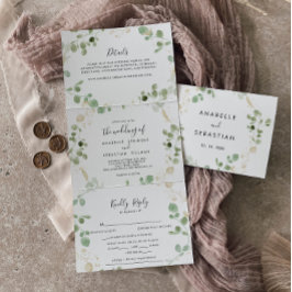 金ゴールド紙吹雪ユーカリ葉三折結婚の 三つ折り招待状