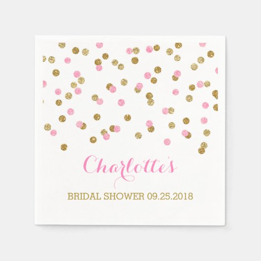 金ゴールド紙吹雪ライトピンクブライダルシャワー スタンダードカクテルナプキン (正面)