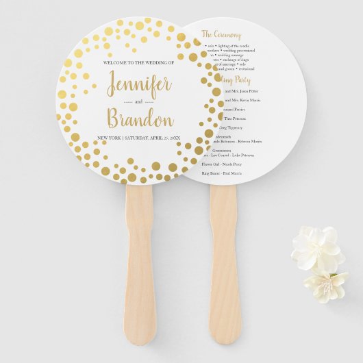 金ゴールド紙吹雪ラウンドウェディングプログラムファン ハンドファン (正面&裏面)