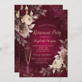 金ゴールド紙吹雪ワイングラス赤面バラ退職 招待状 (正面/裏面)